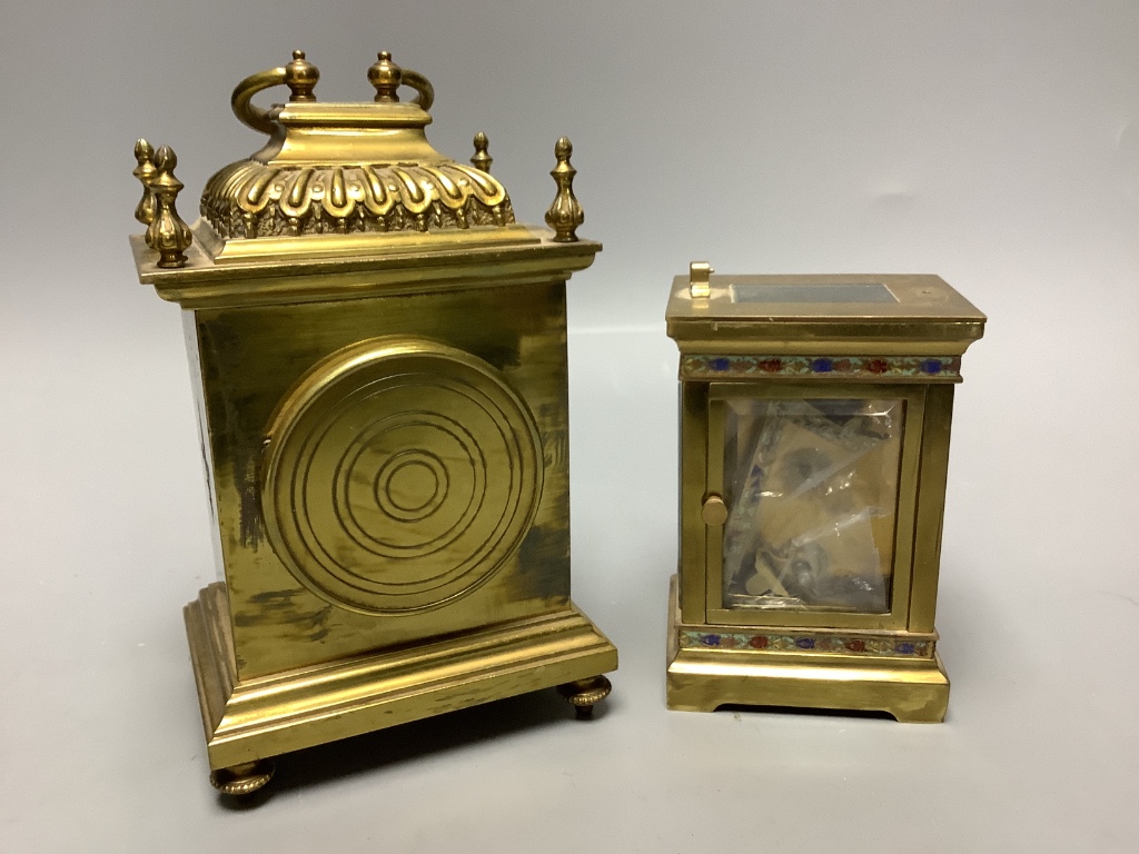 An early 20th century brass carriage timepiece and a champleve enamel timepiece, tallest 18cm